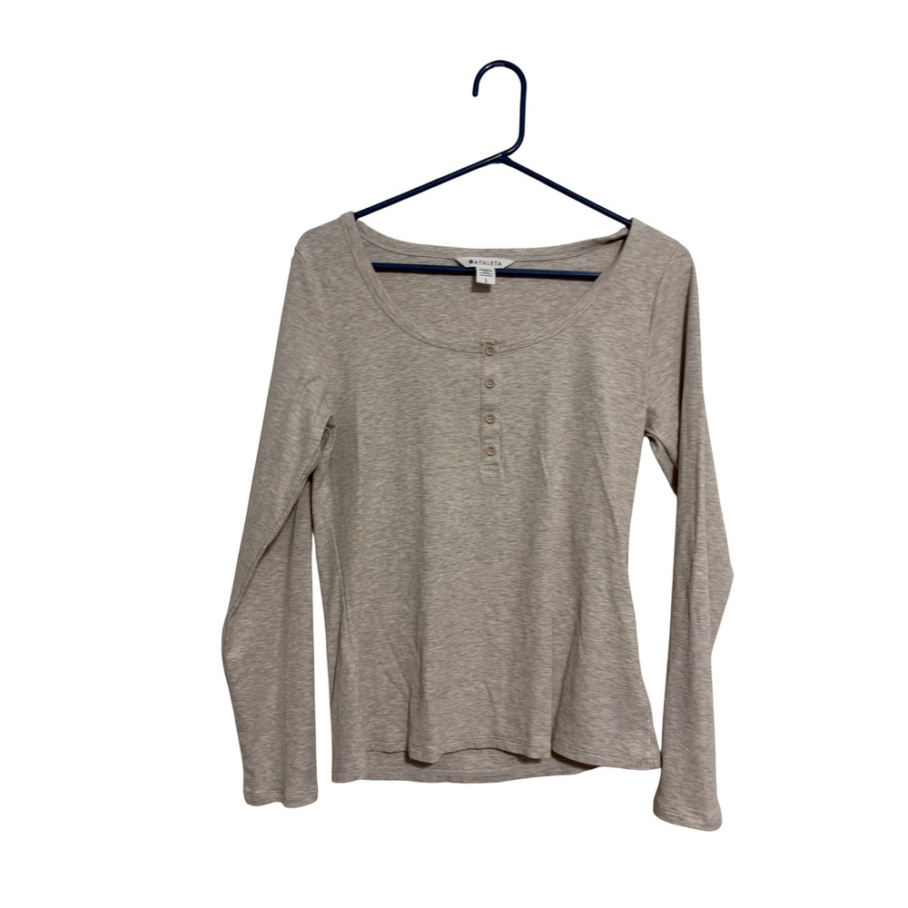 Athleta Henley Top Ribbed Knit Oatmeal Heather Long Sleeve Scoop Neck Large